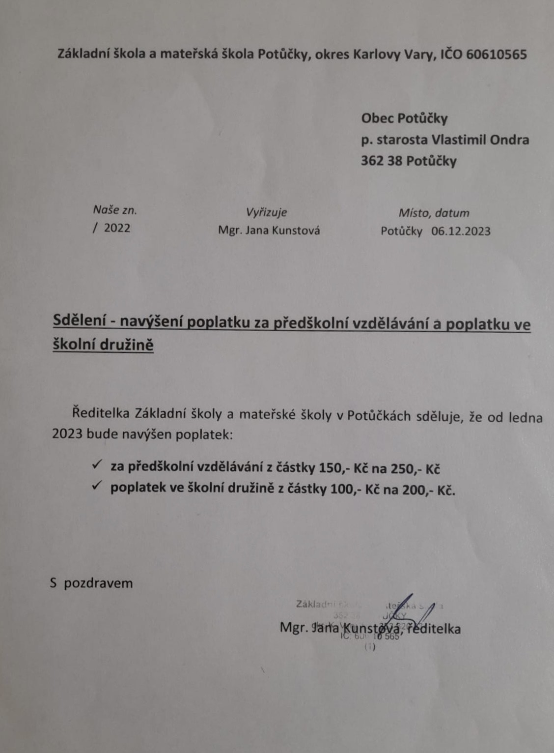 NAVÝŠENÍ POPLATKŮ pro školní družinu