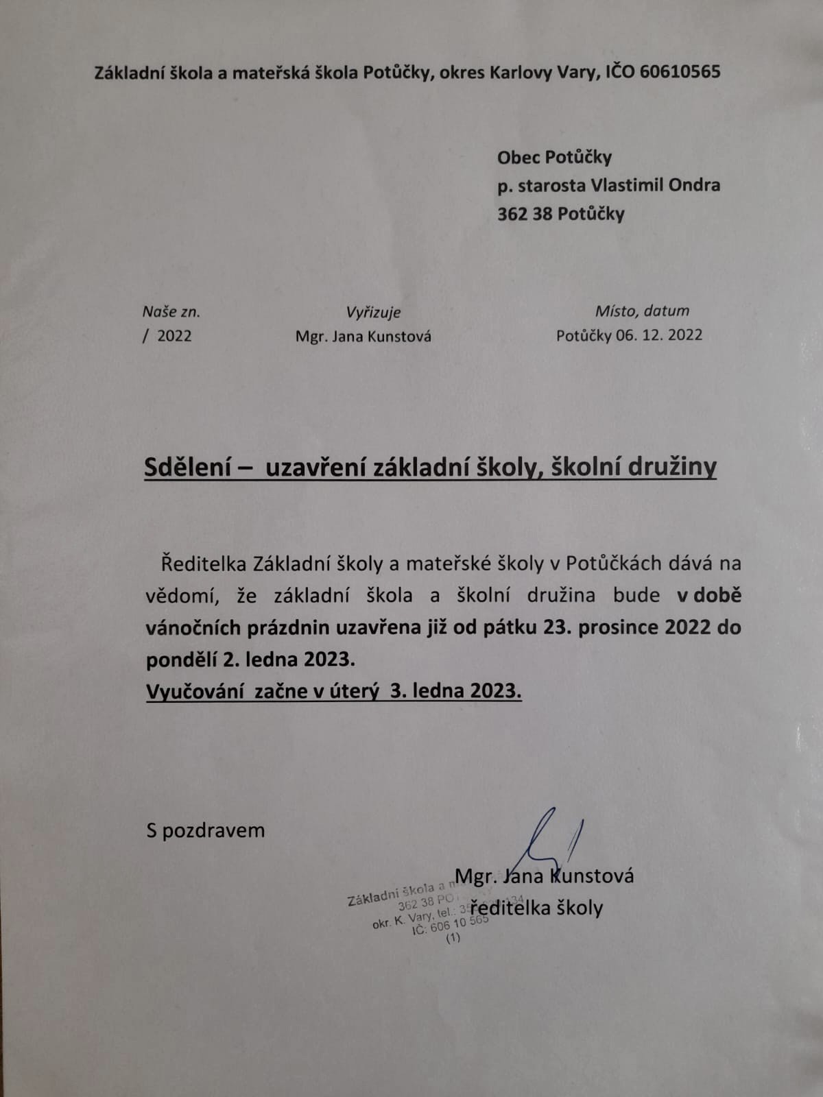 UZAVŘENÍ NA VÁNOČNÍ PRÁZDNINY