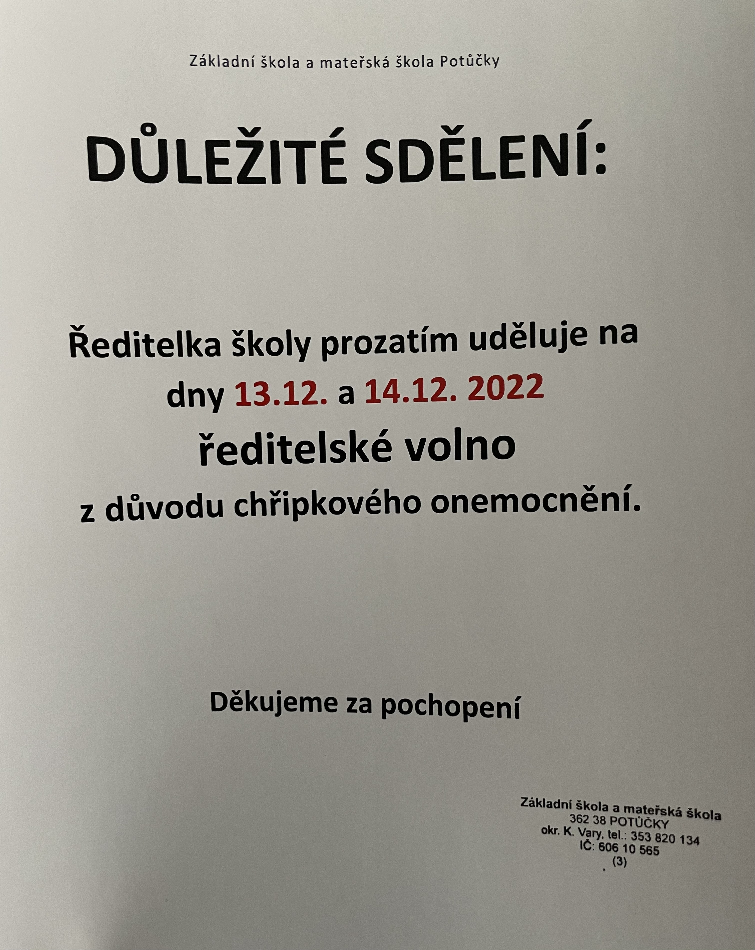 DŮLEŽITÉ SDĚLENÍ - ŠKOLA