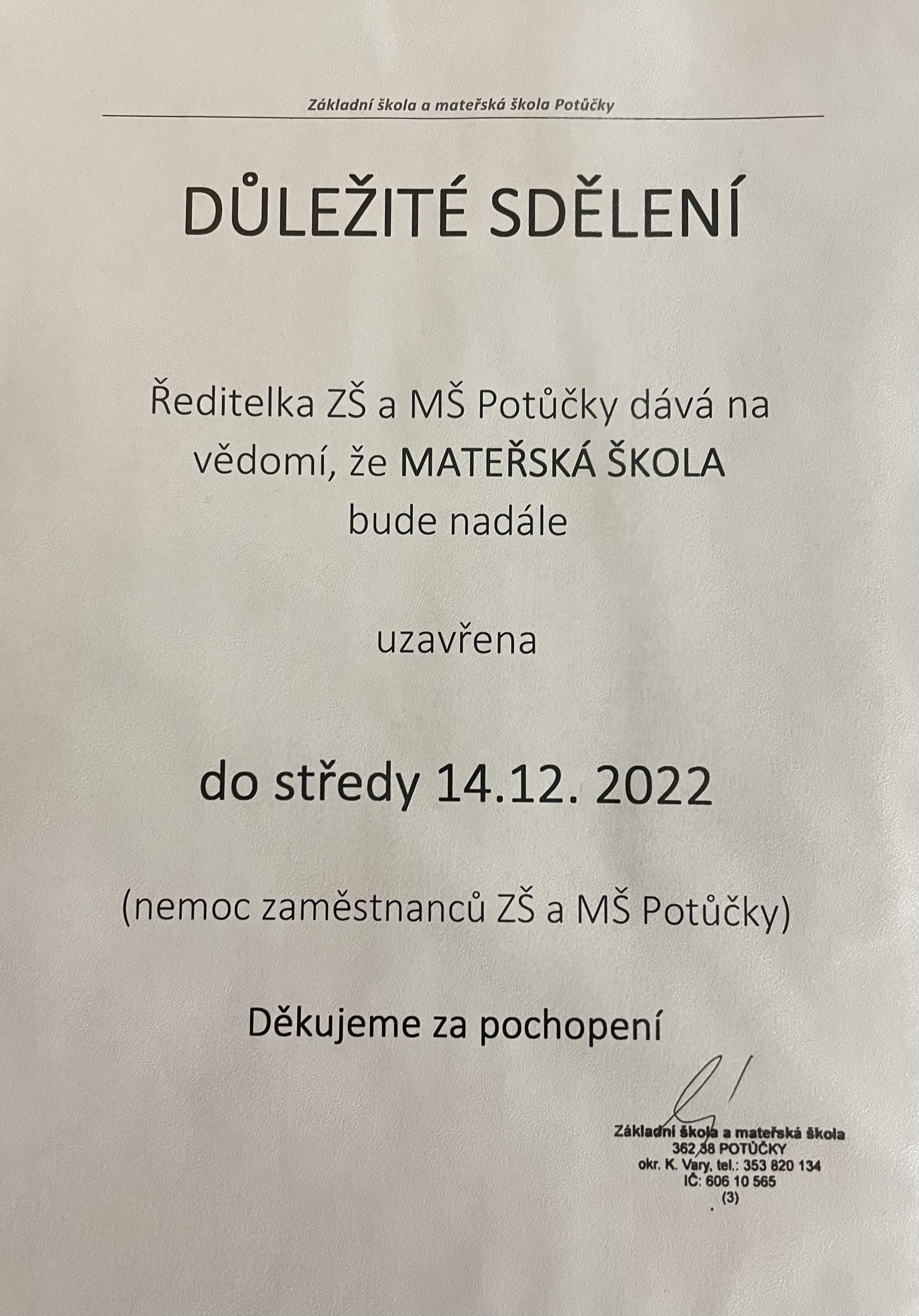 Důležité sdělení pro mateřskou školu