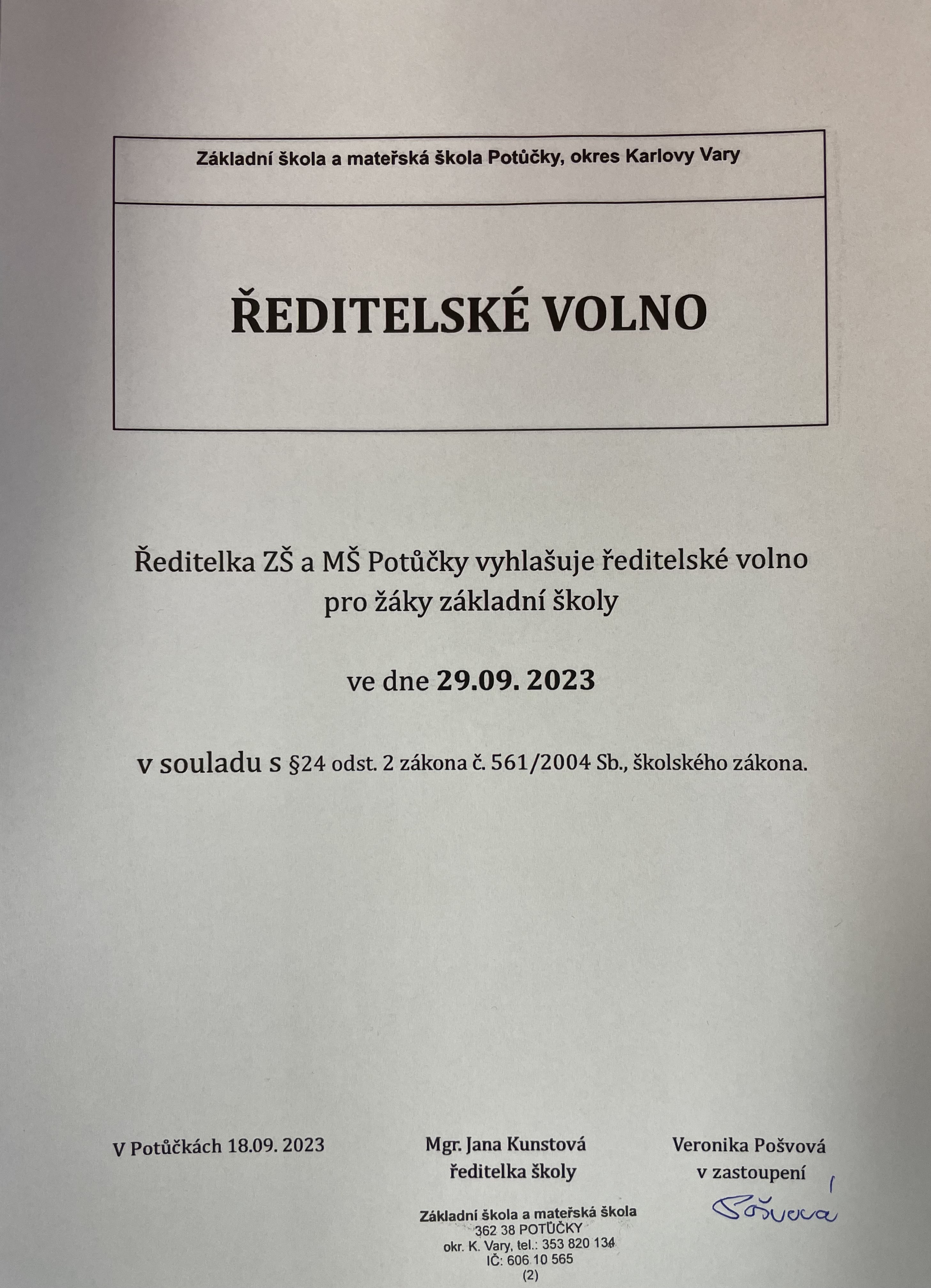 ŘEDITELSKÉ VOLNO - oznámení