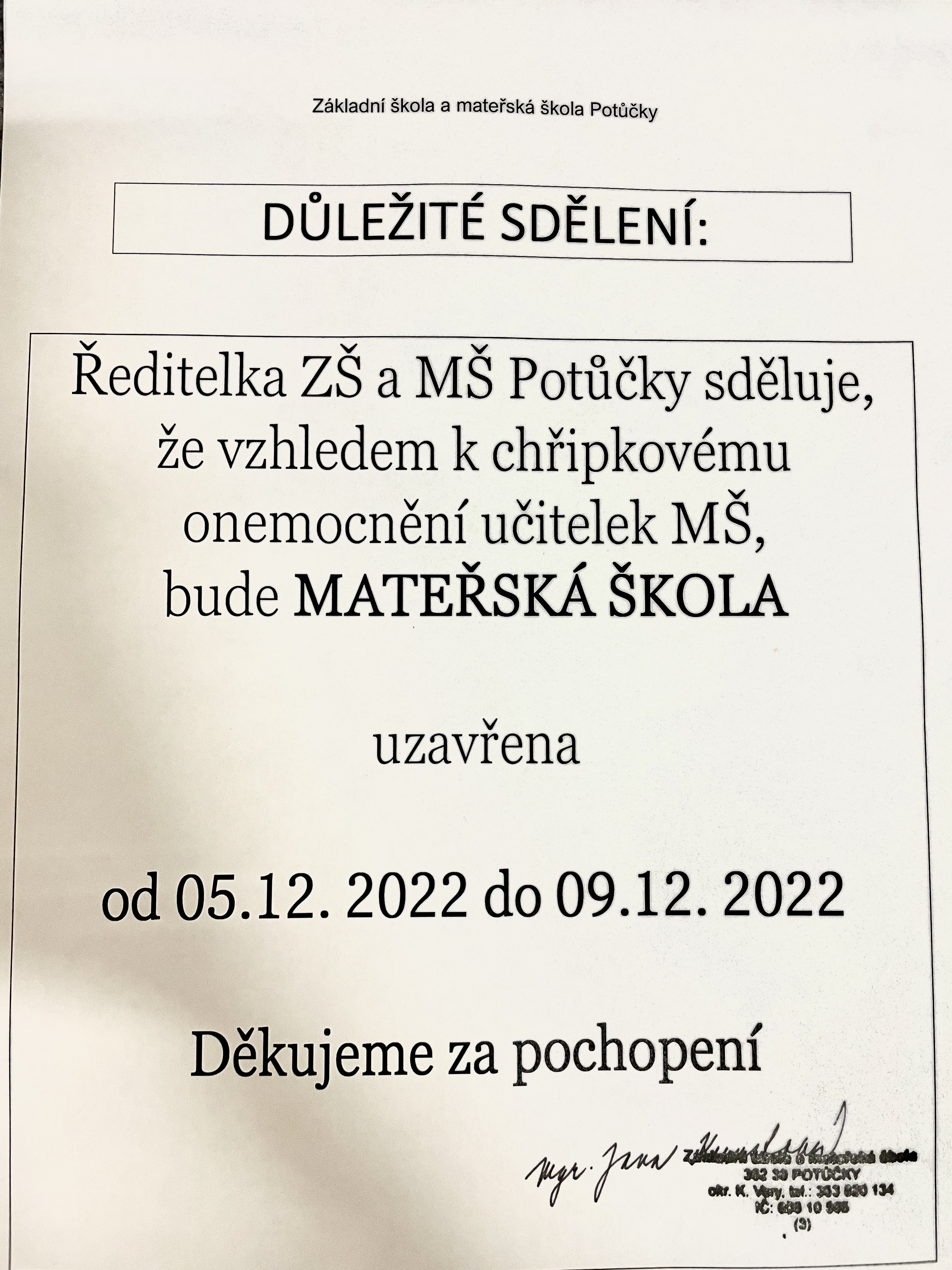 důležité sdělení pro rodiče