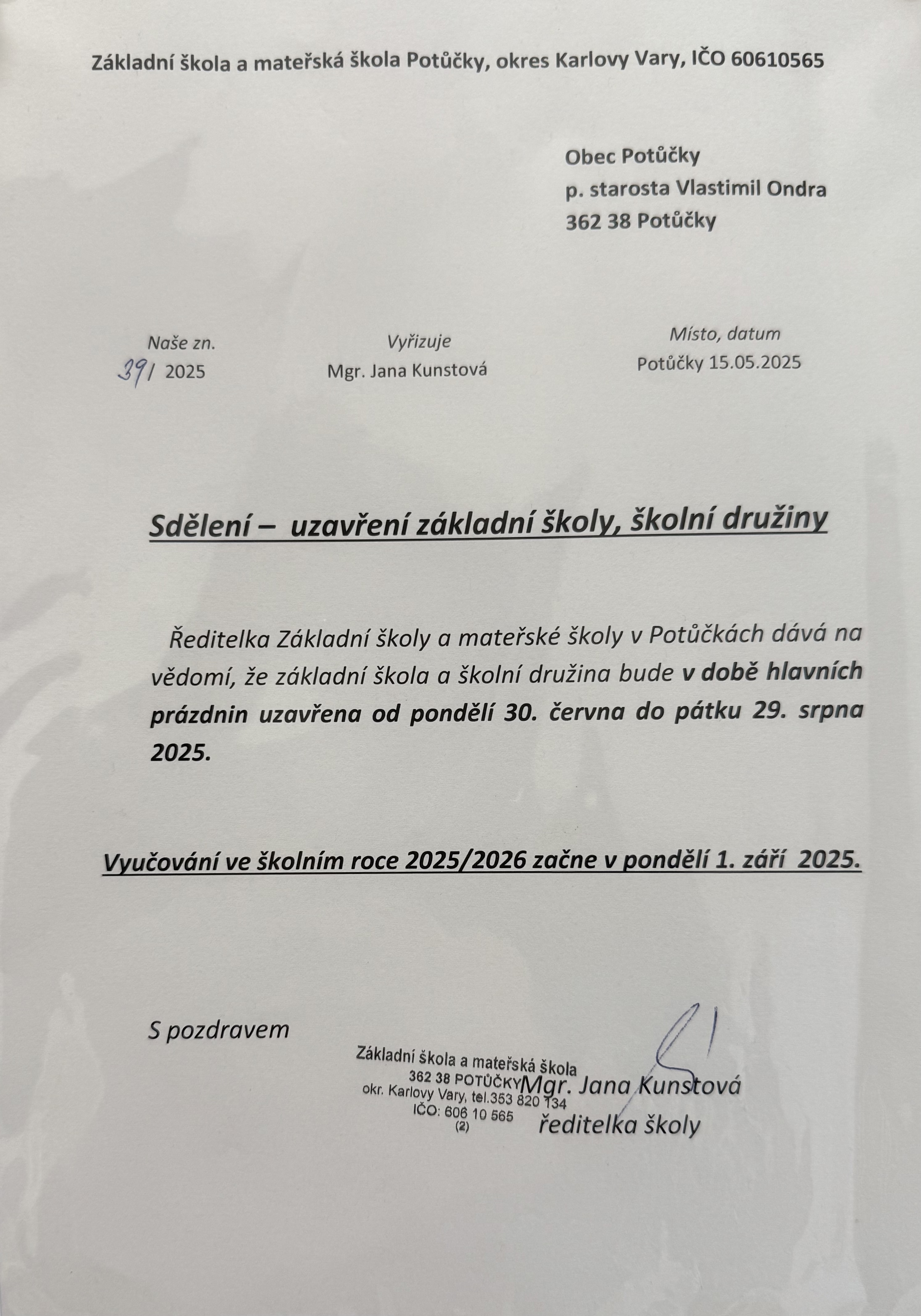 UZAVŘENÍ ZŠ a ŠD