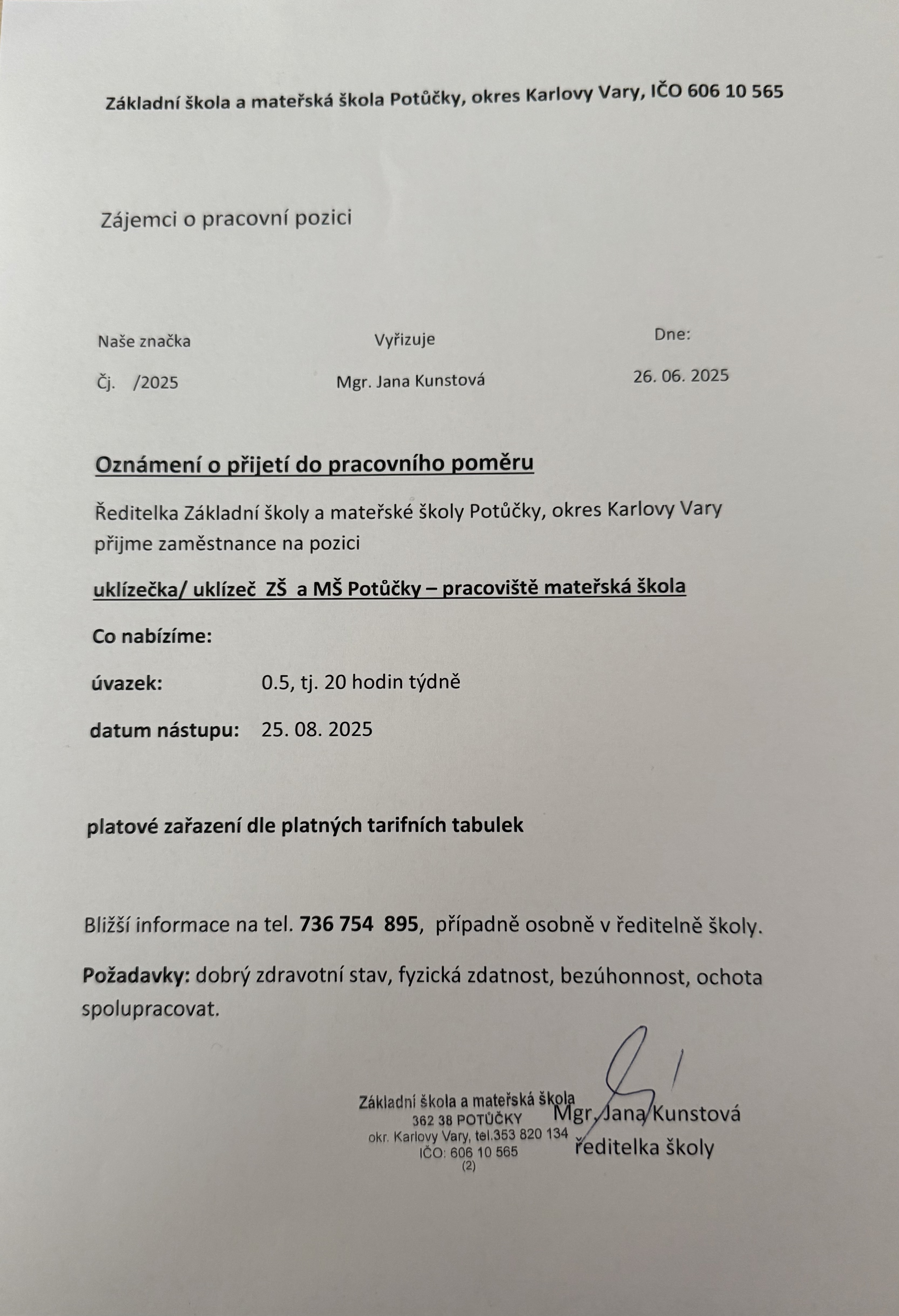 Uklízečka/uklízeč - mateřská škola 